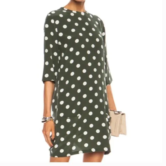 Equipment Aubrey Green & White Dot Silk Shift Dress - Picture 1 of 7